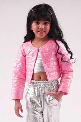 quatrefoil polyester round neck girls jacket - pink