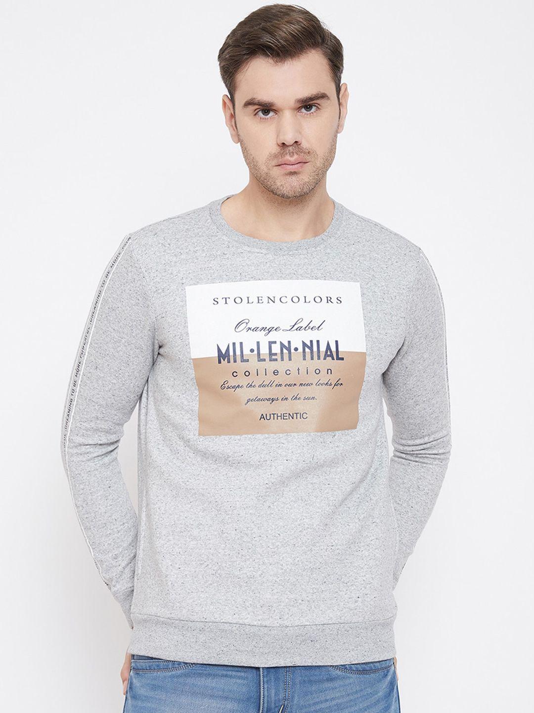 qubic men grey melange printed sweatshirt