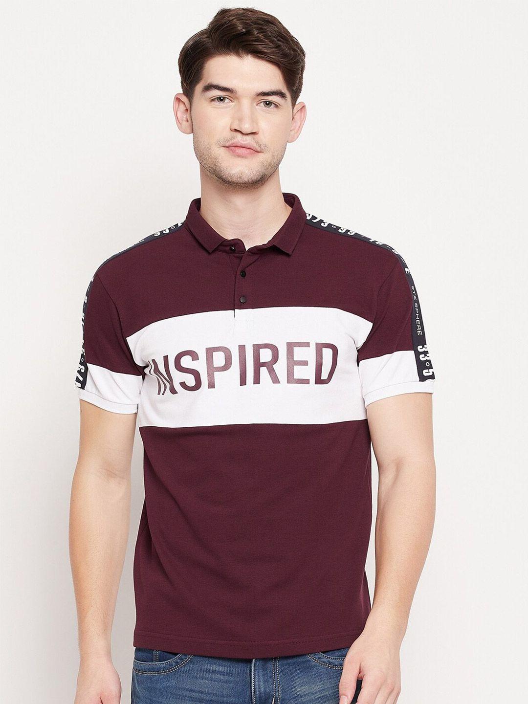 qubic men maroon & white typography printed polo collar t-shirt