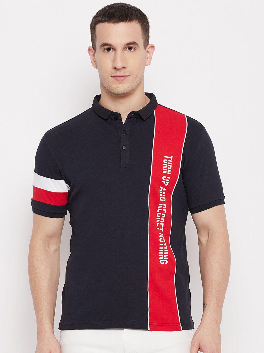 qubic men navy blue & red colourblocked polo collar t-shirt