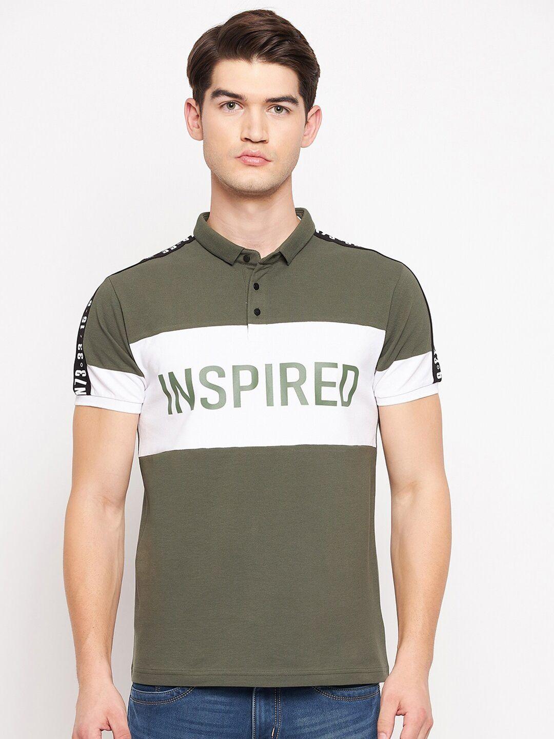 qubic men olive green & white typography printed polo collar t-shirt