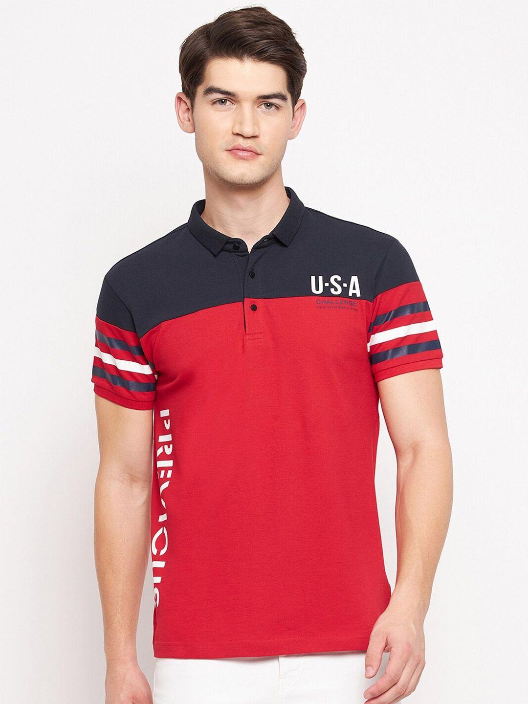 qubic men red & navy blue colourblocked polo collar t-shirt