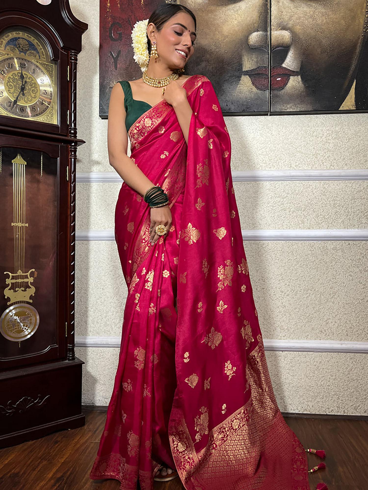 queen pink banarasi uppada silk saree with unstitched blouse