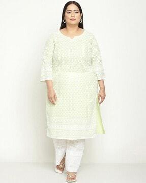 queenley women's light green cotton anarkali ankle length chikankari plus size kurti