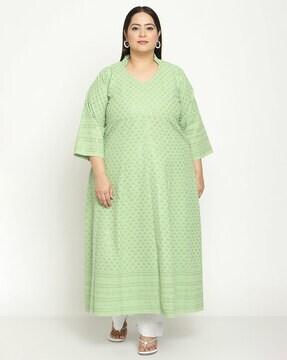 queenley womens light green cotton anarkali ankle length chikankari plus size kurti