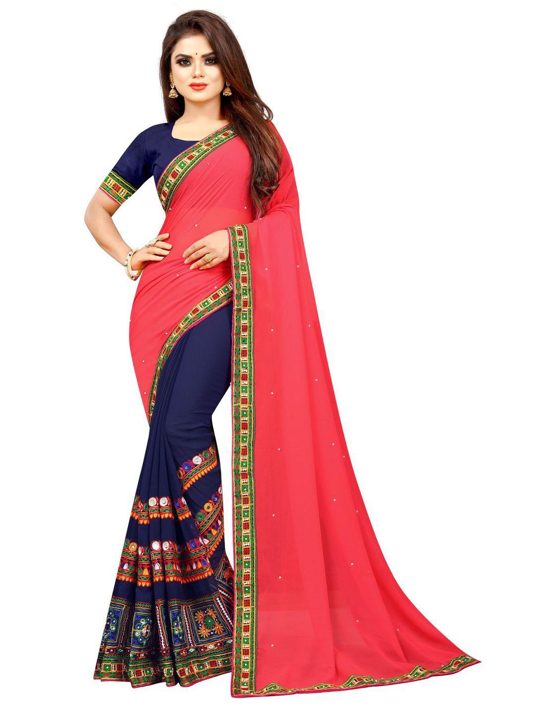queenswear creation pink & blue ethnic motifs embroidered poly georgette saree