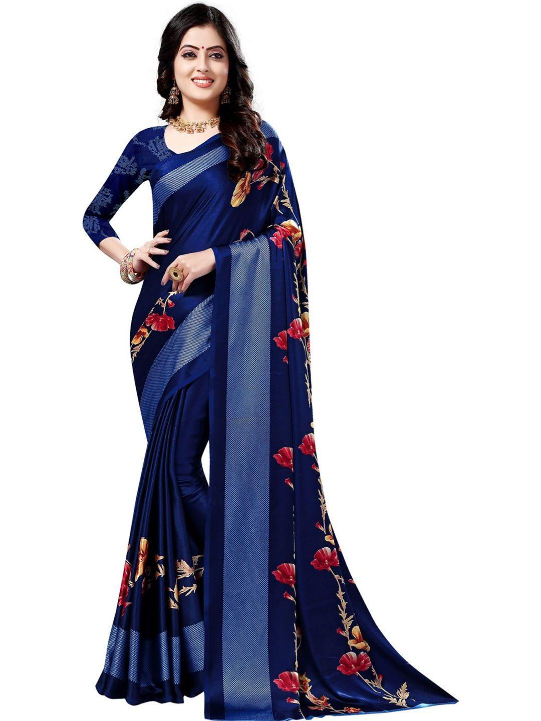 queenswear creation blue & red floral pure silk saree