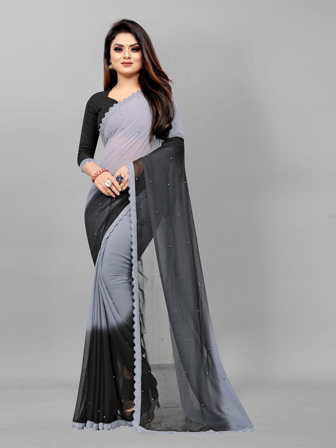 queenswear creation grey & black colourblocked beads and stones pure georgette saree