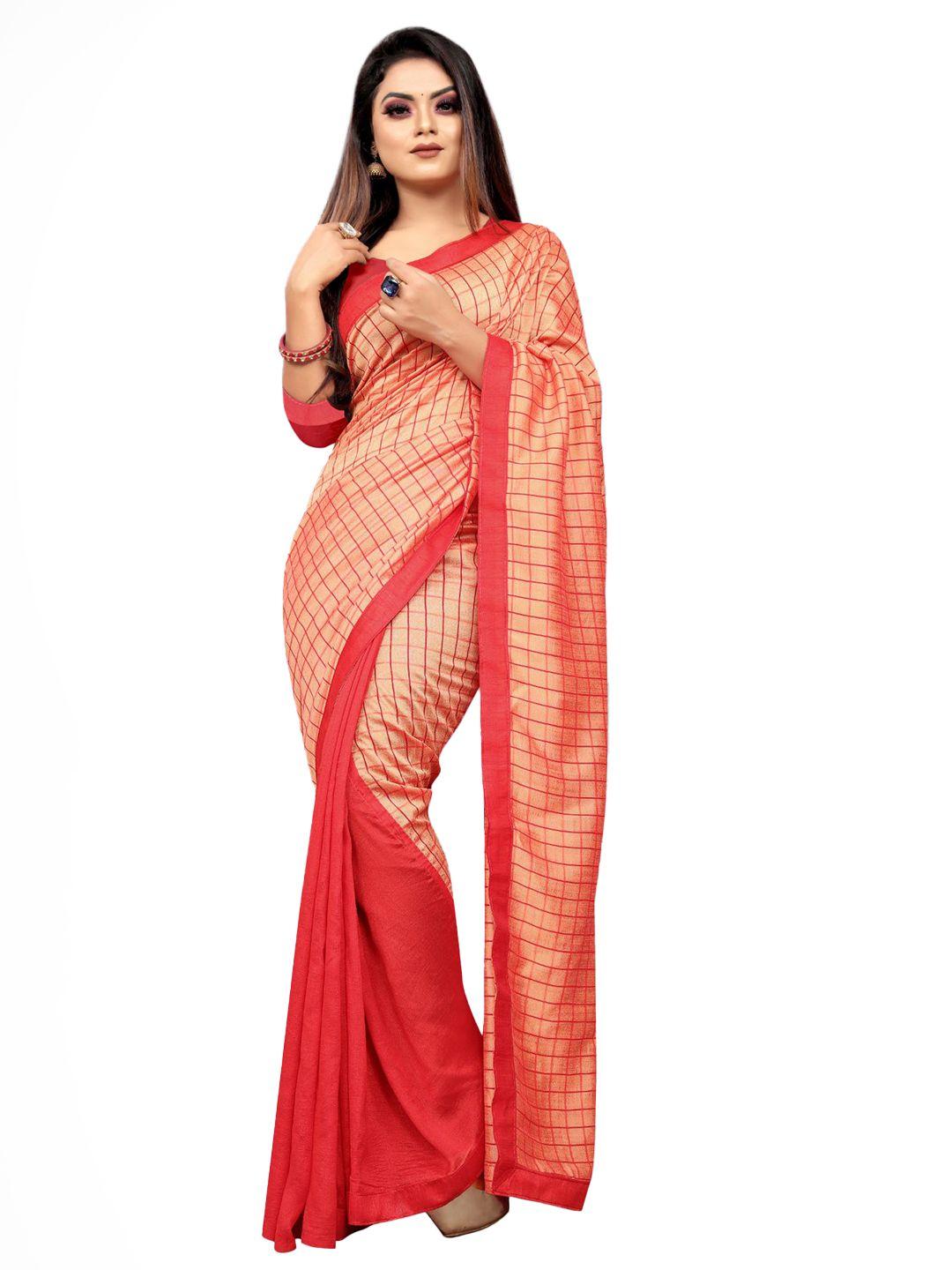 queenswear creation red & peach-coloured checked pure silk ready to wear saree