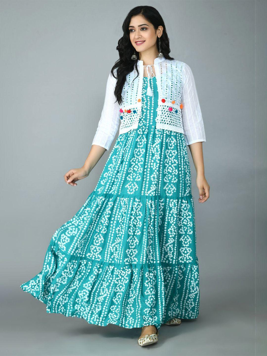 queenswear creation turquoise blue & white ethnic motifs ethnic a-line maxi dress