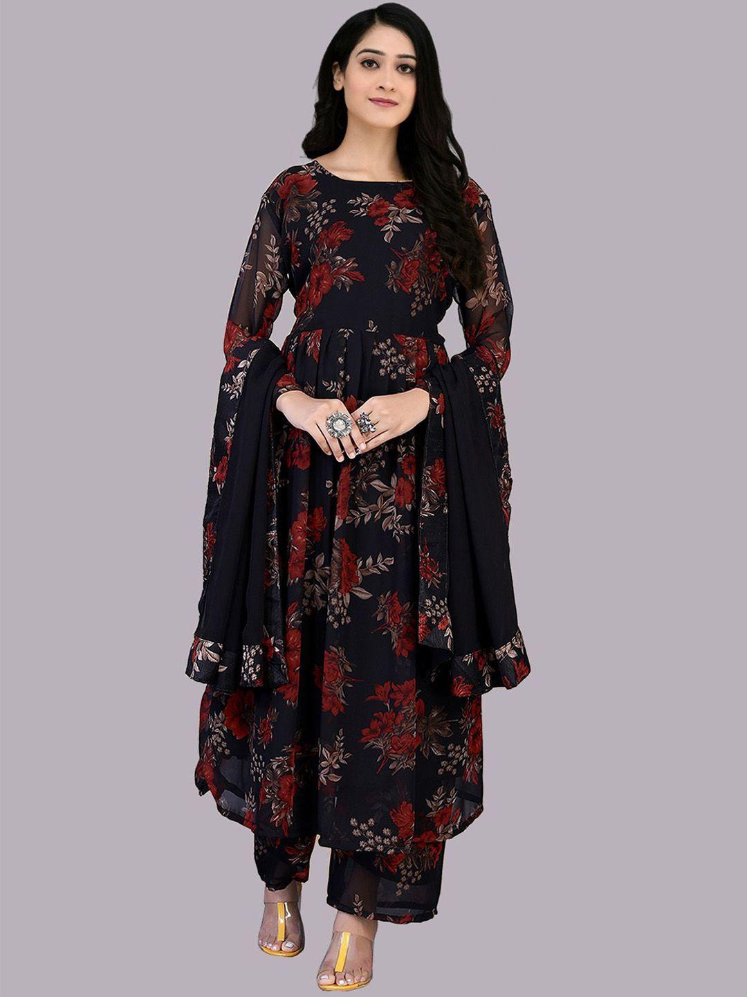 queenswear creation women black floral printed kurta with palazzos & with dupatta