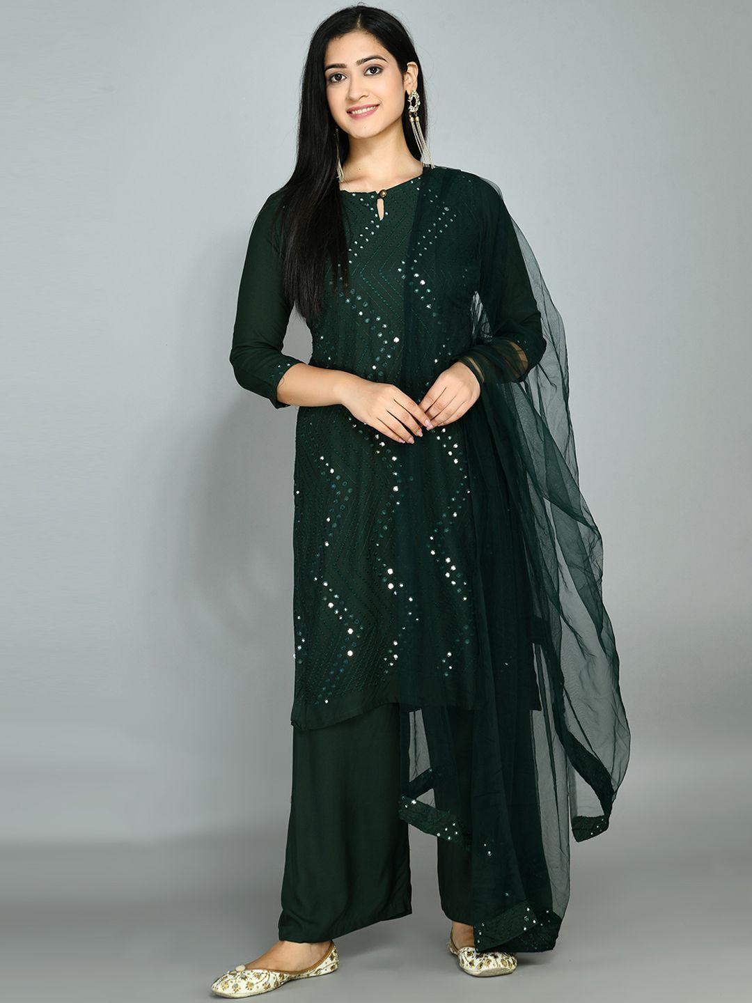 queenswear creation women green ethnic motifs embroidered mirror work kurta with palazzos & with dupatta