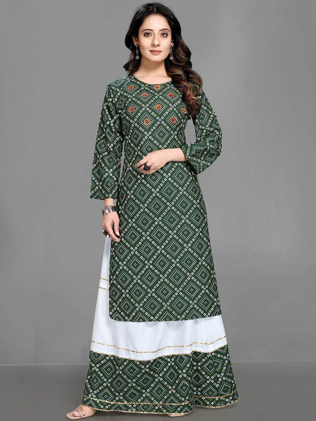queenswear creation women green ethnic motifs printed beads and stones kurta with skirt