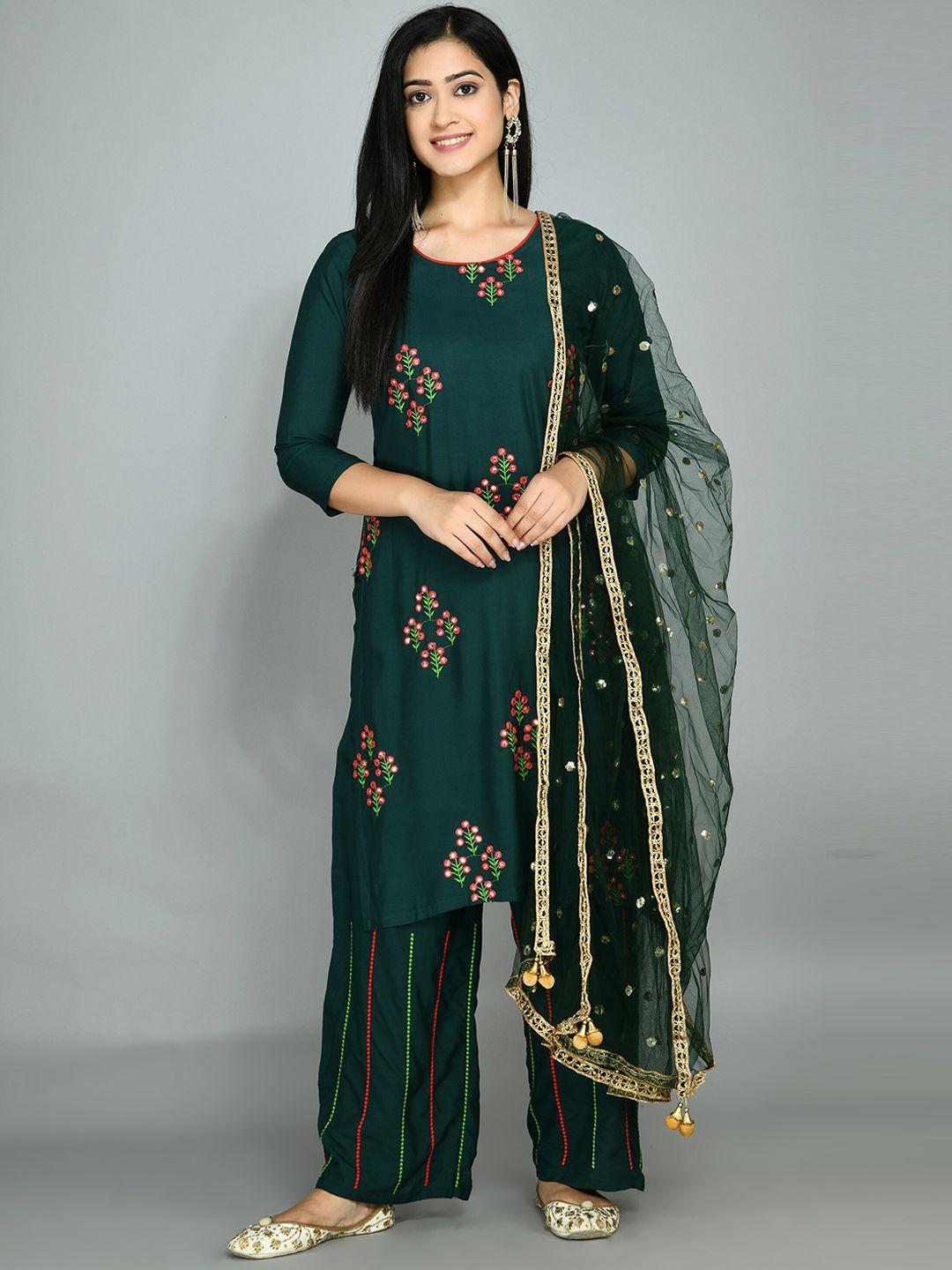 queenswear creation women green floral embroidered mirror work kurti with palazzos & with dupatta