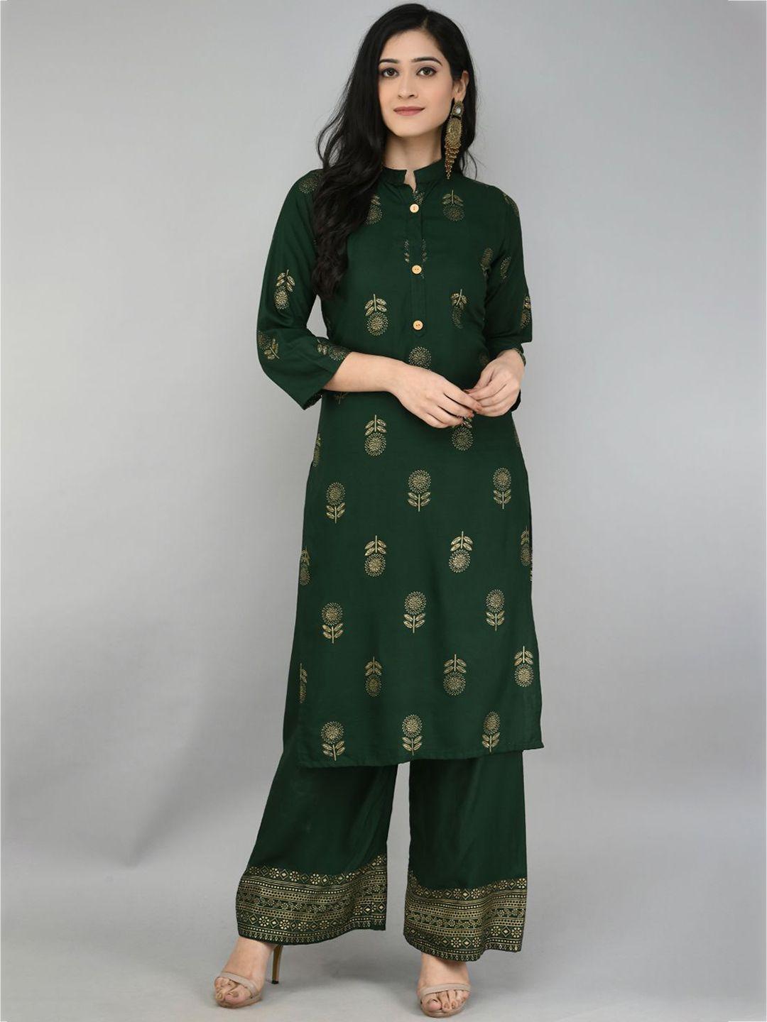 queenswear creation women green floral printed mukaish kurti with palazzos