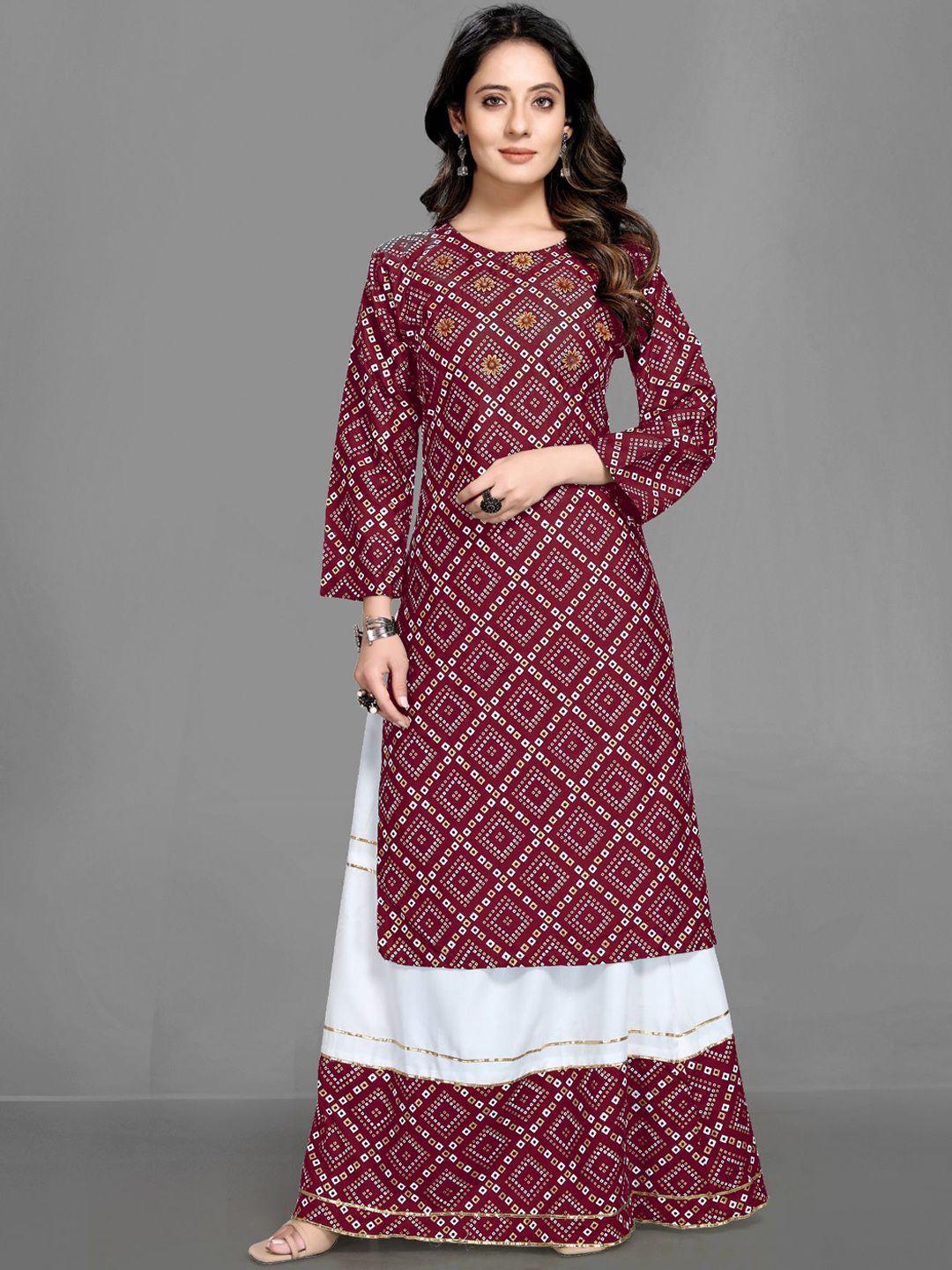 queenswear creation women maroon ethnic motifs printed beads and stones pure cotton kurta with skirt