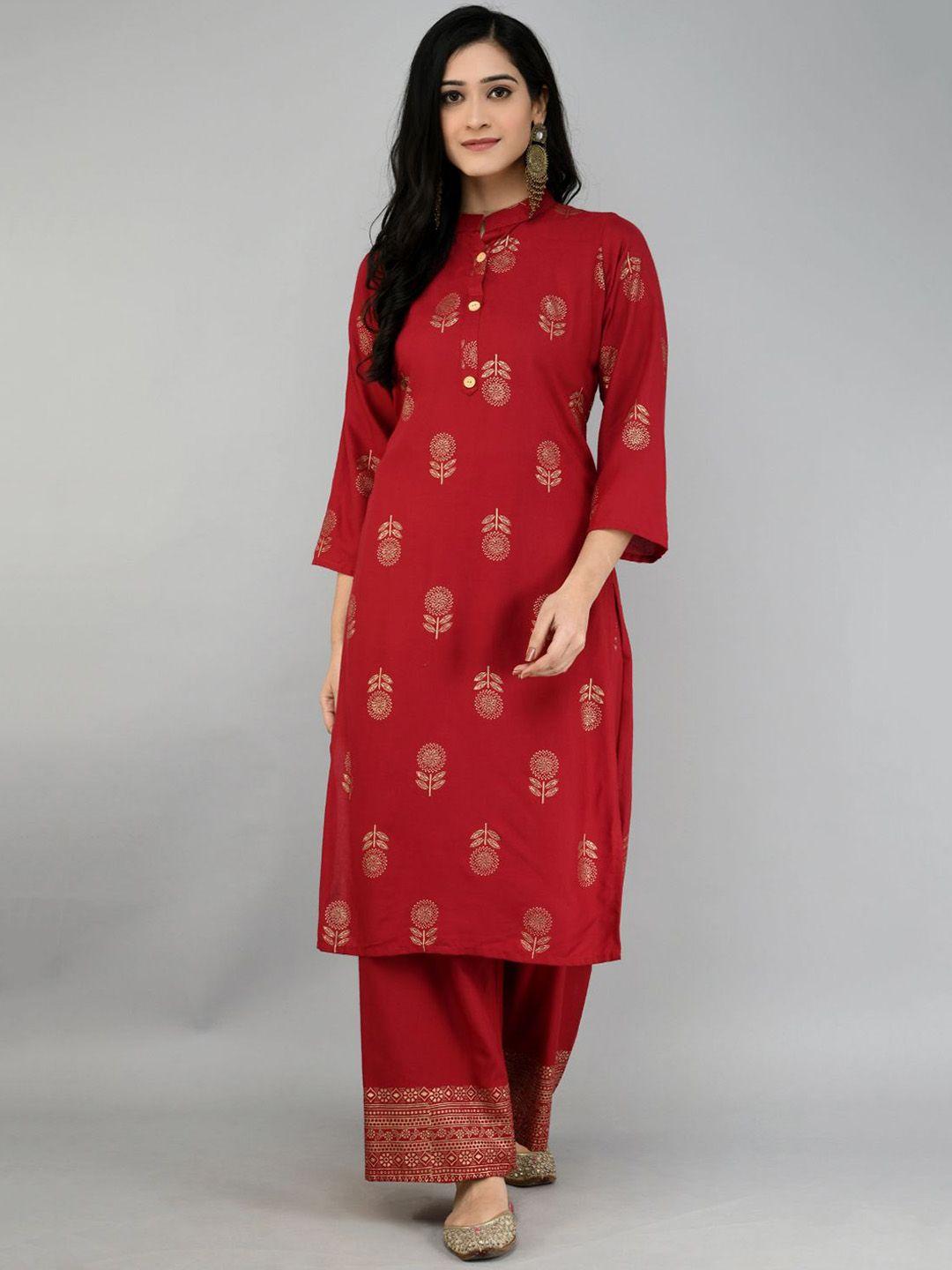 queenswear creation women maroon floral printed kurta with palazzos