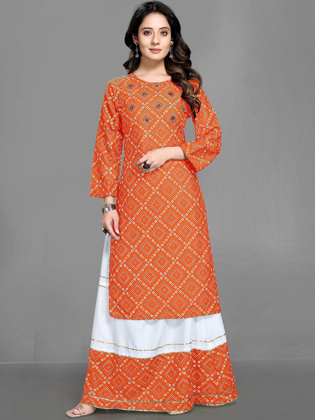 queenswear creation women orange ethnic motifs printed beads and stones kurta with skirt