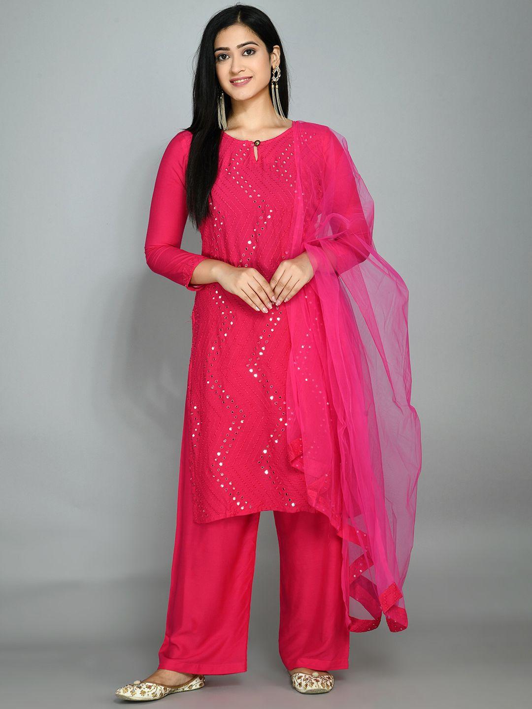 queenswear creation women pink mirror work embroidered kurta with palazzos & dupatta