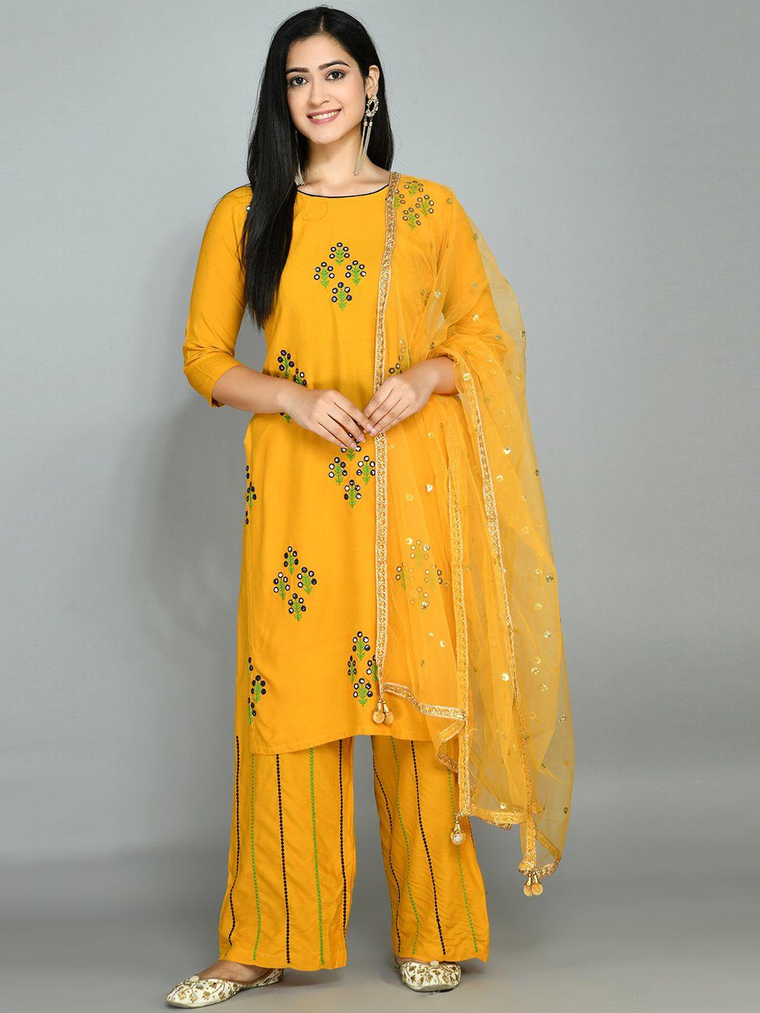 queenswear creation women yellow floral embroidered mirror work kurta with trousers & with dupatta