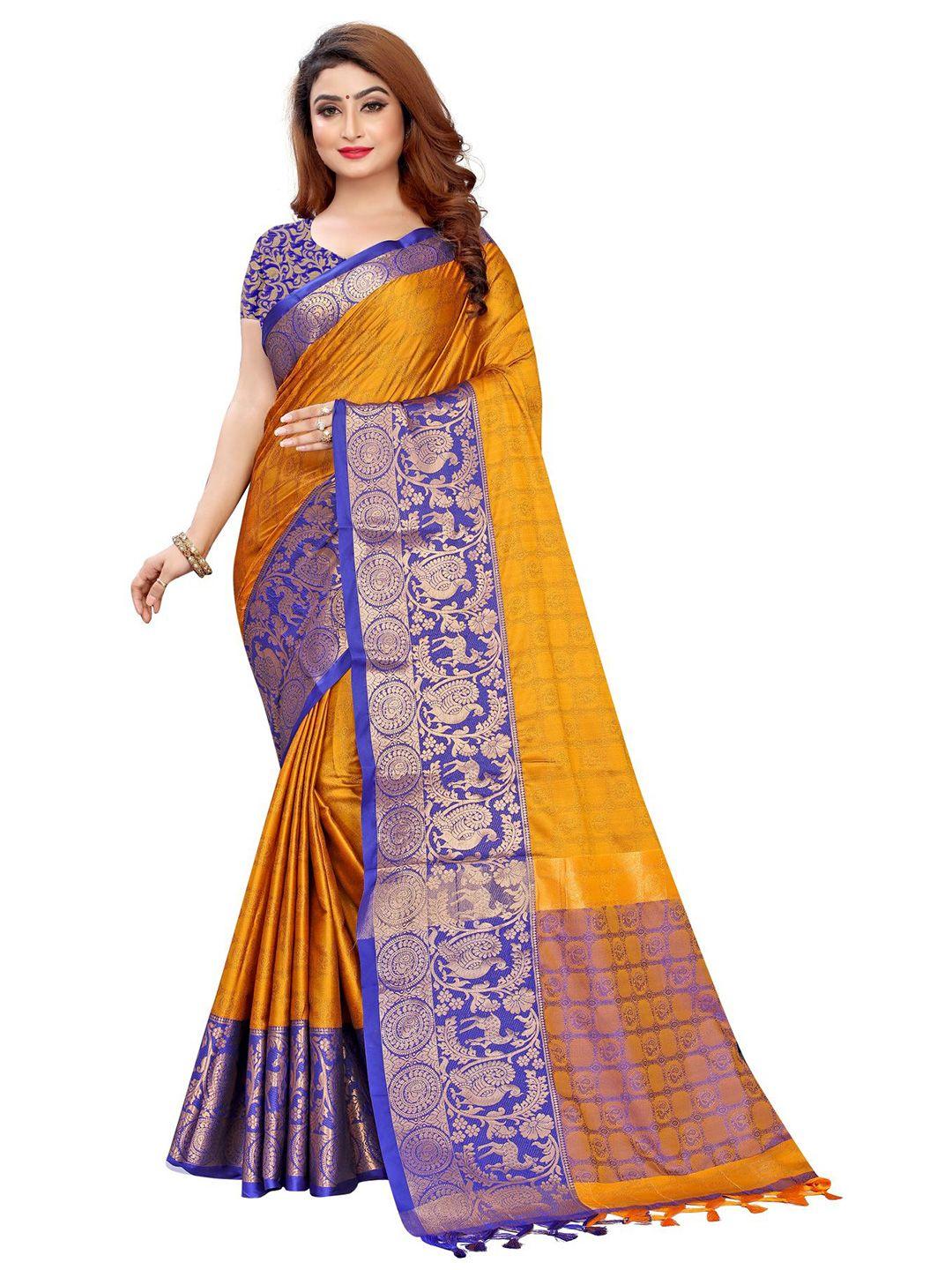 queenswear creation yellow & blue woven design banarasi saree