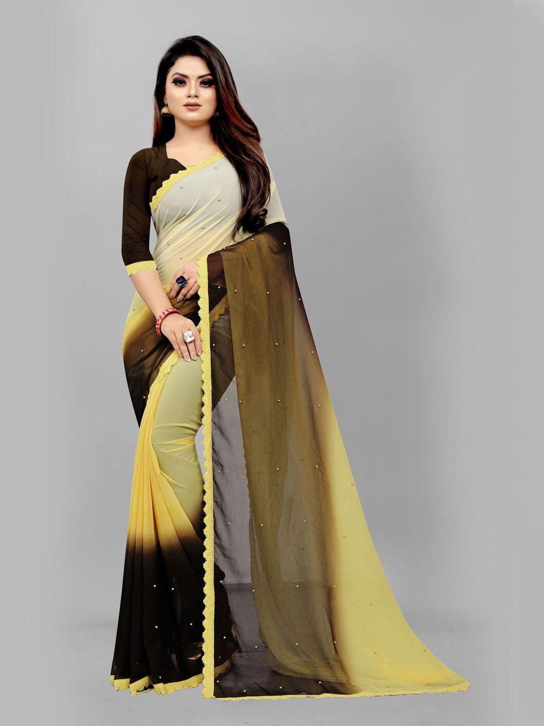 queenswear creation yellow & brown embellished pure georgette saree