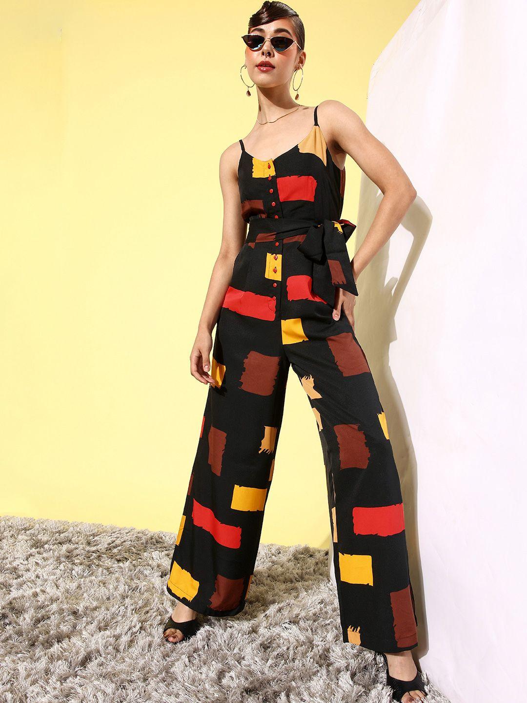 quiero women black & mustard geometric printed basic jumpsuit