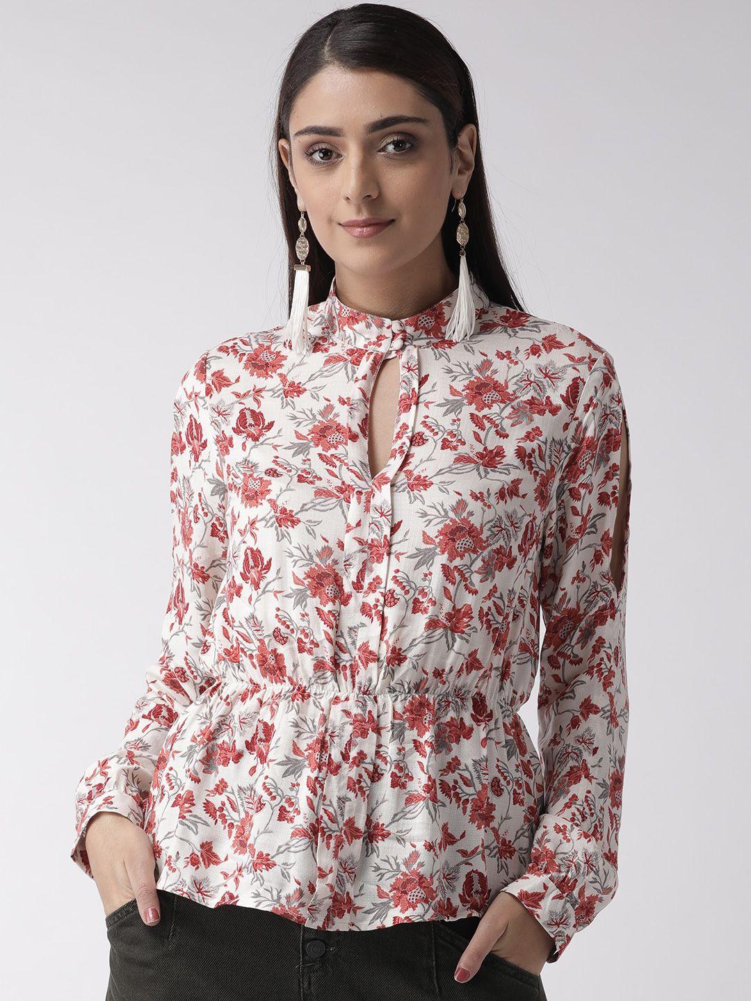 quiero women off white & rust red printed cinched waist top