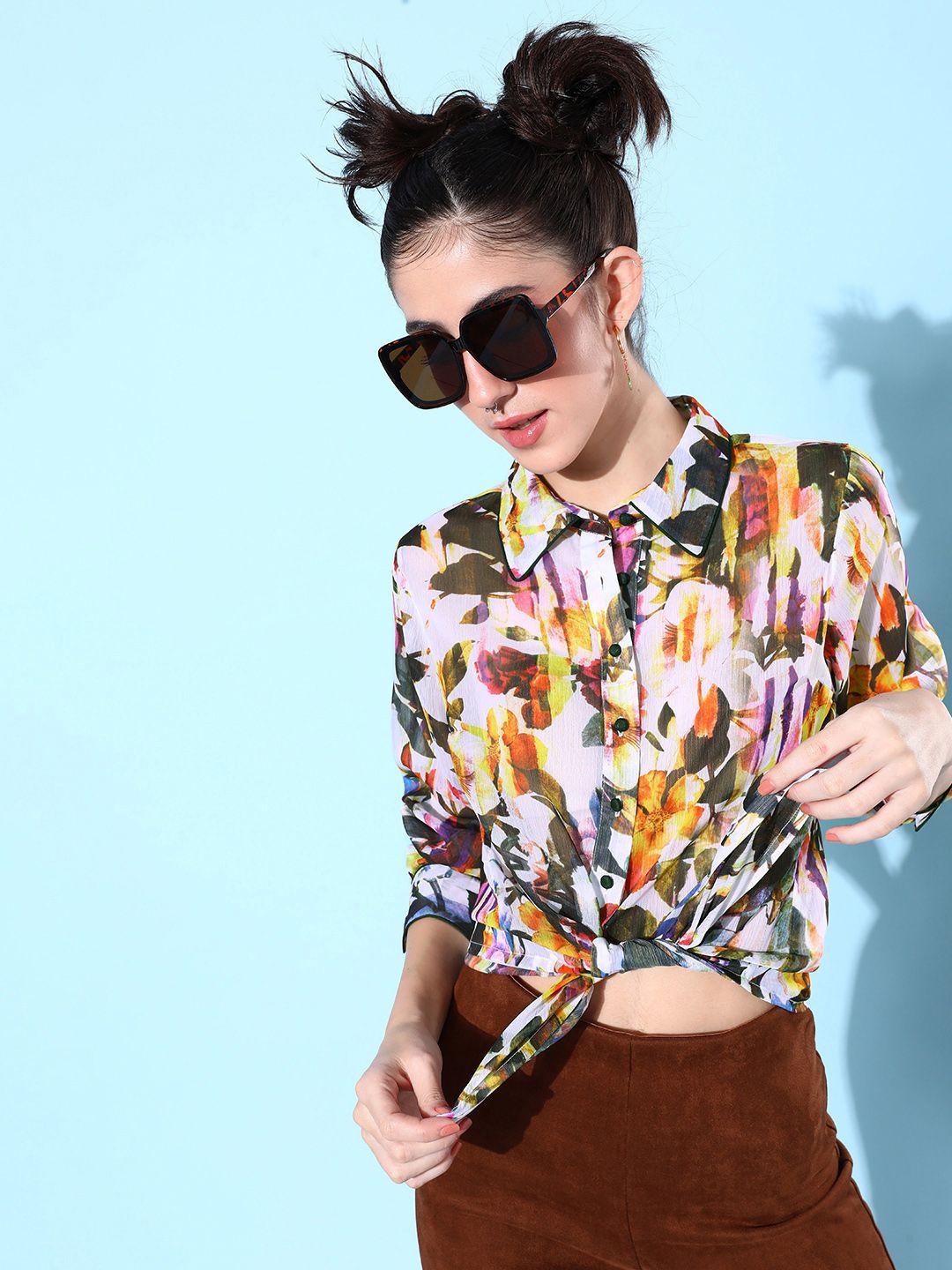 quiero women semi sheer abstract printed casual shirt