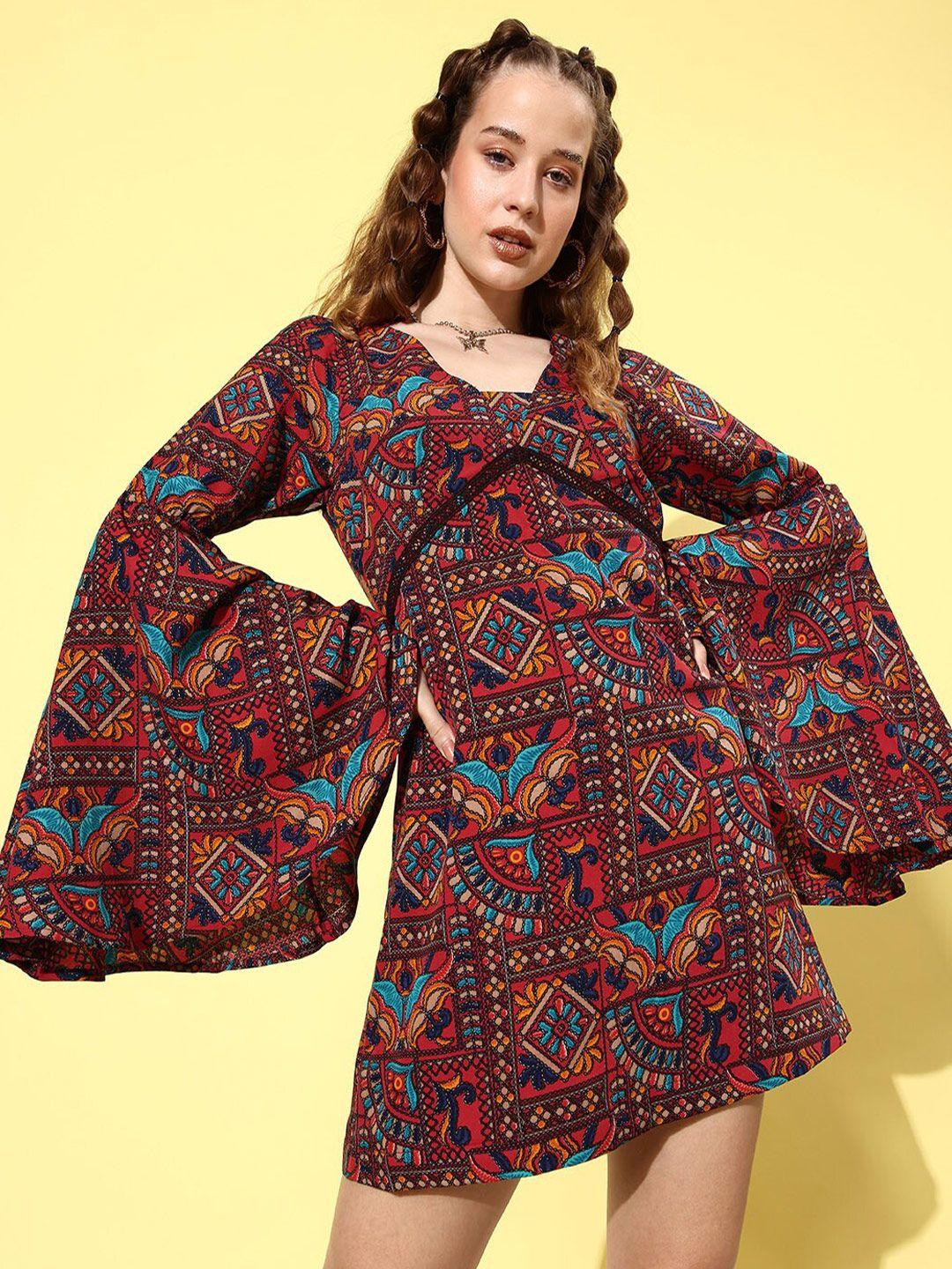 quiero ethnic motifs printed flared sleeves crepe mini a-line dress
