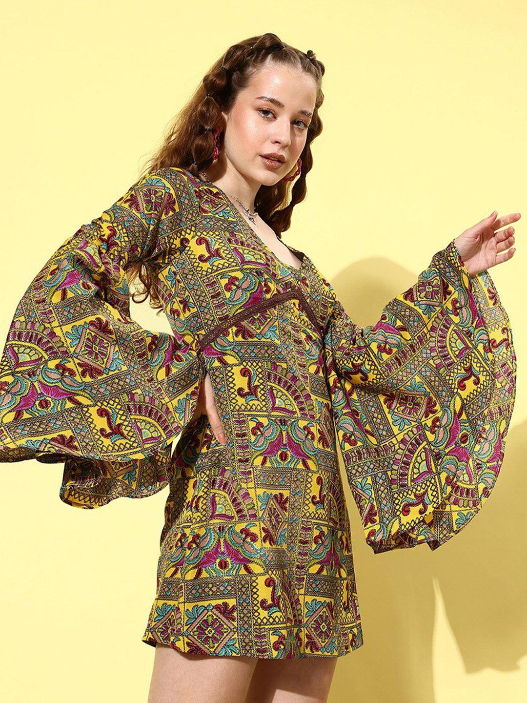 quiero ethnic motifs printed flared sleeves crepe mini a-line dress