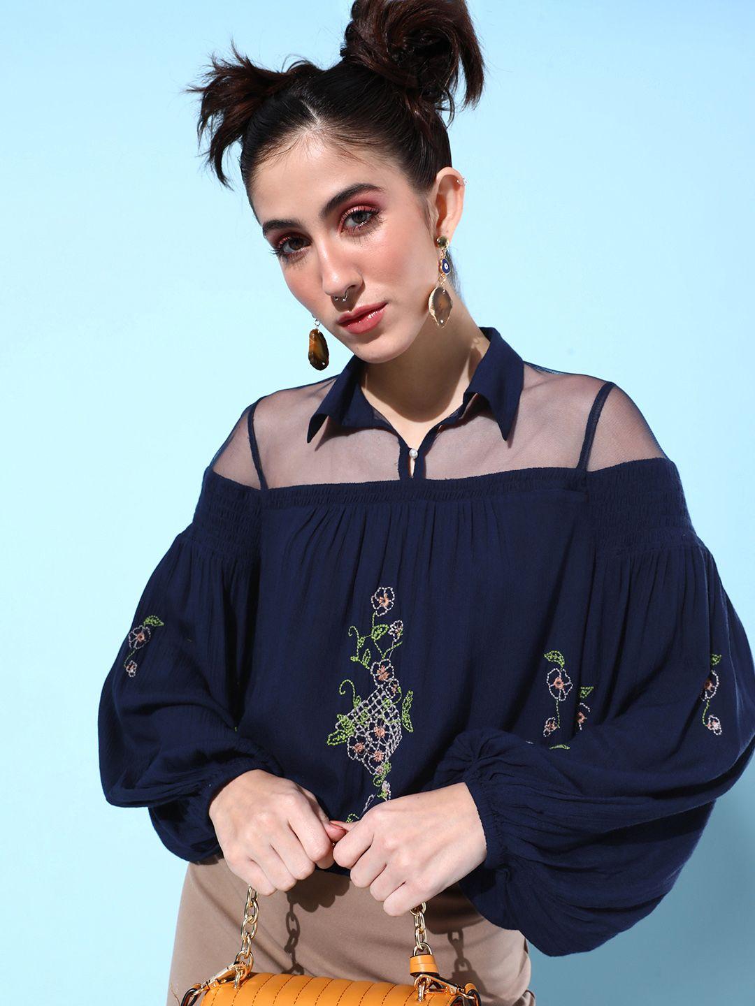 quiero floral embroidered crepe blouson top