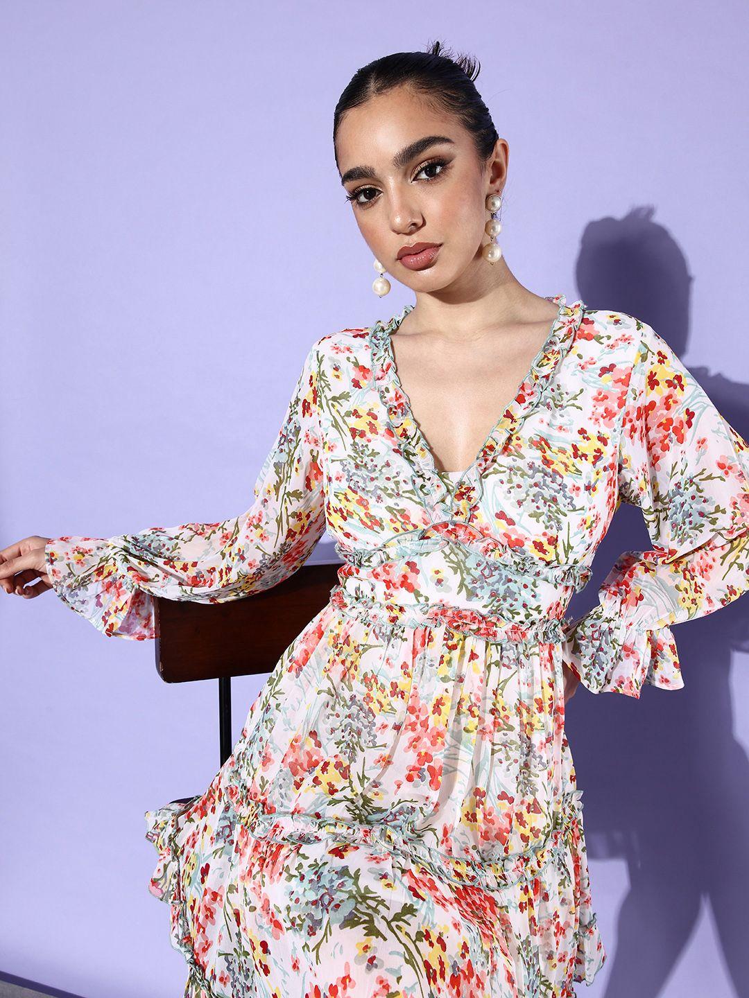 quiero floral print puff sleeve georgette a-line mini dress