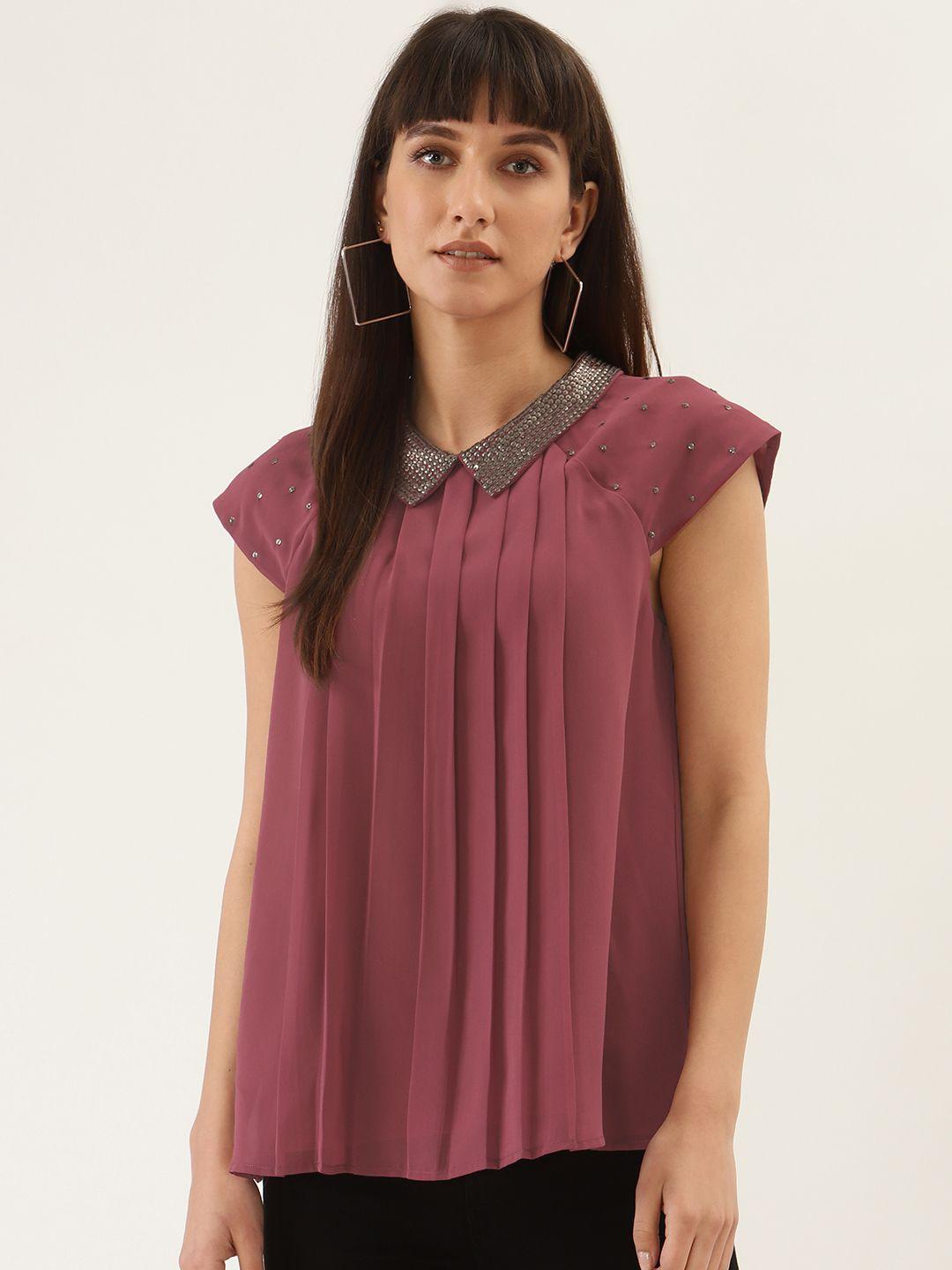 quiero maroon accordion pleated top with embellished detail