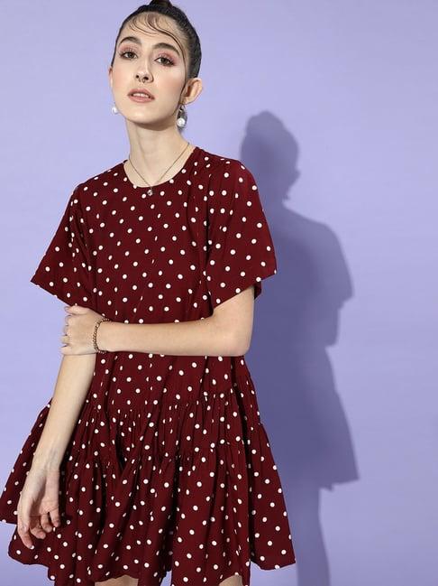 quiero maroon polka dot print a line dress