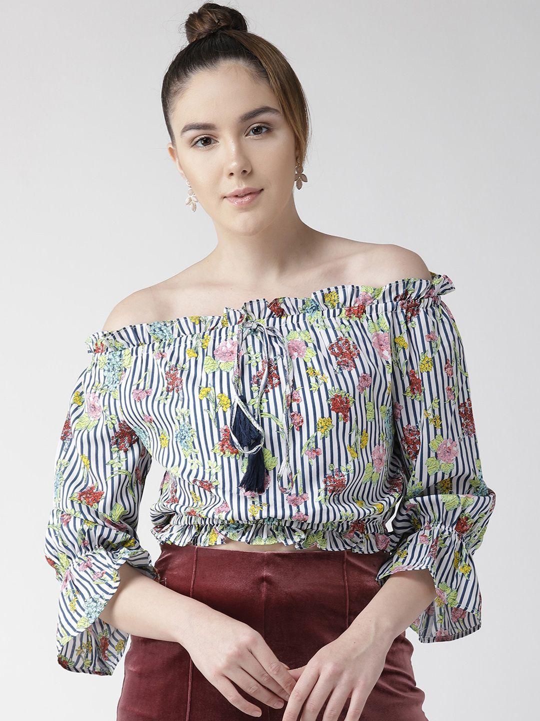 quiero multicoloured floral printed off-shoulder cold-shoulder sleeves bardot crop top