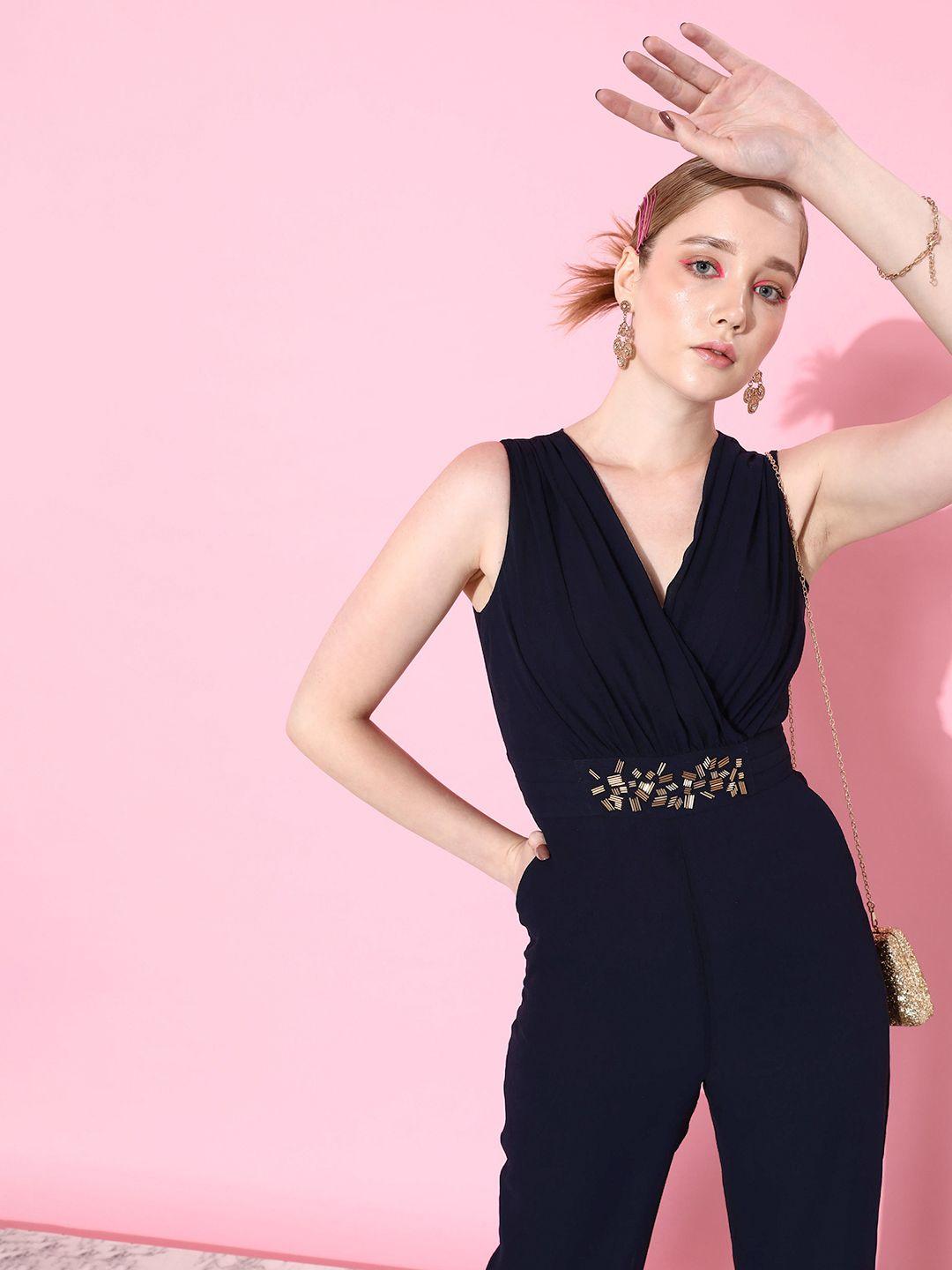 quiero navy blue basic jumpsuit with embellished details