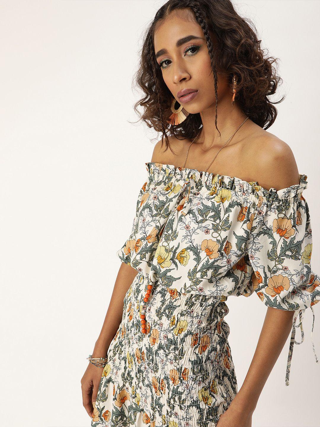 quiero off-white and green floral print smocked dress