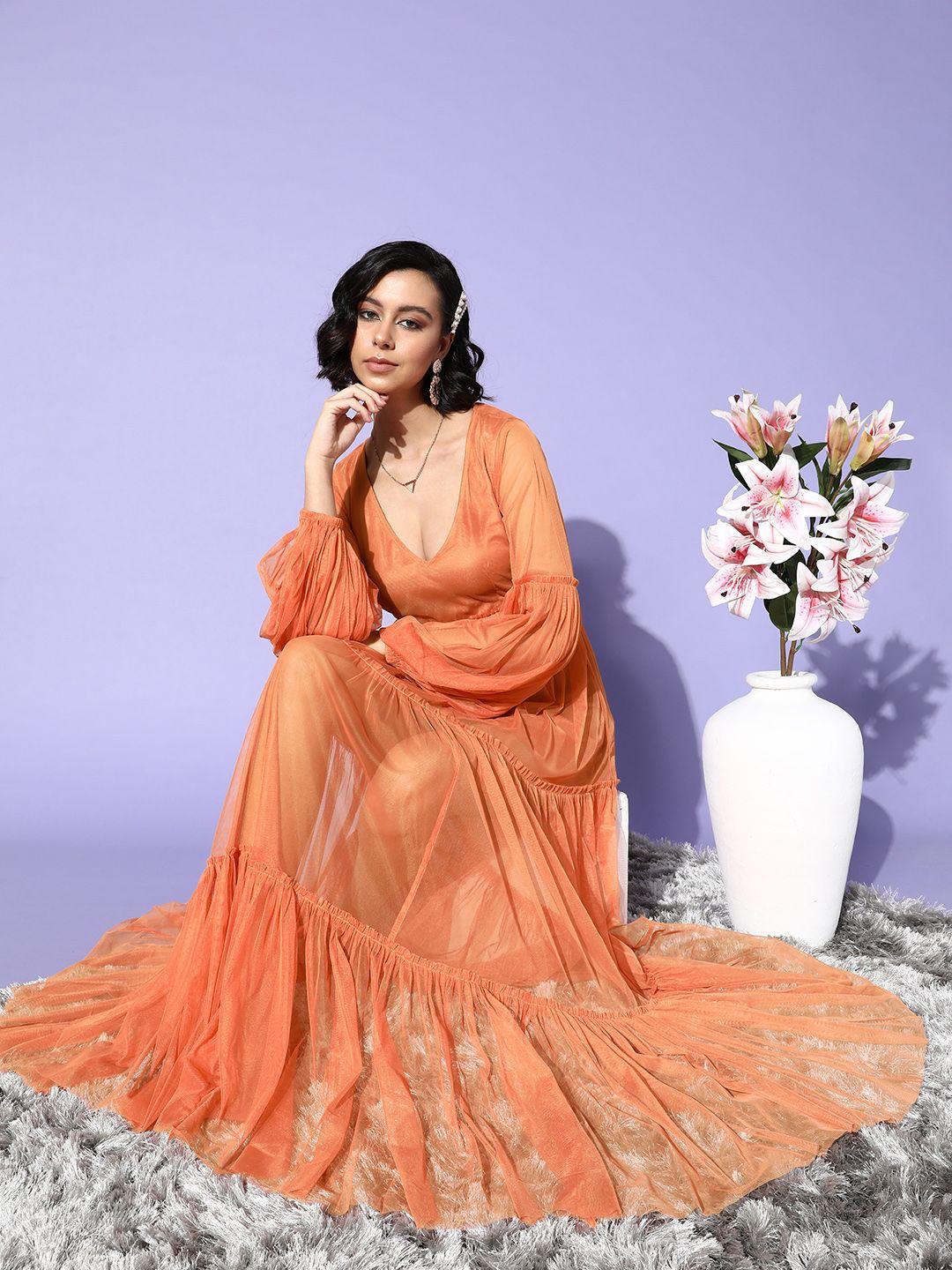 quiero orange solid puff sleeves tiered net a-line maxi dress