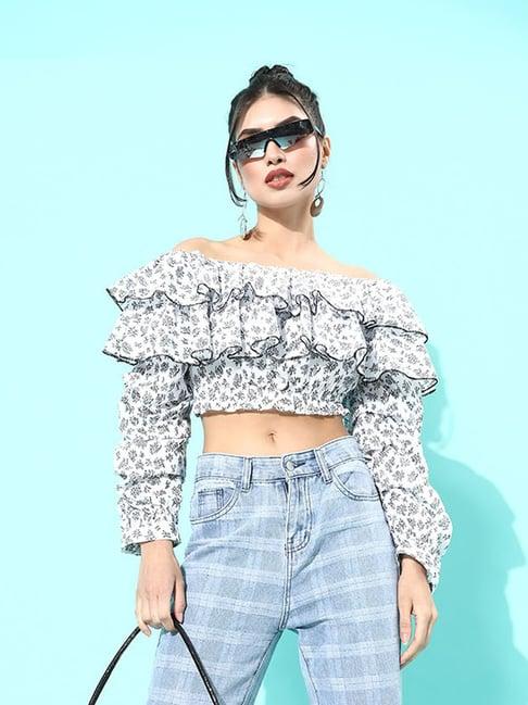 quiero white cotton floral print crop top