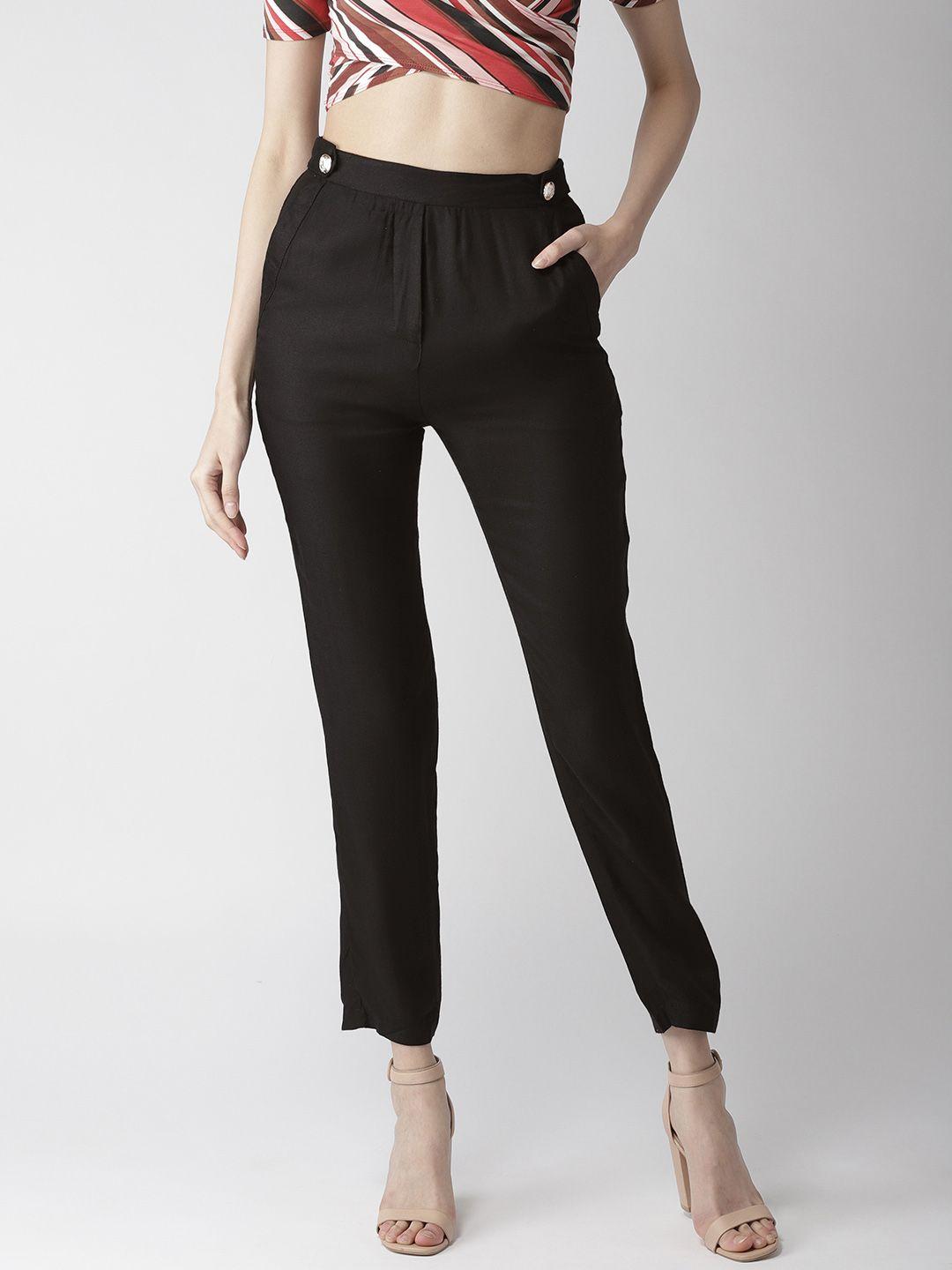 quiero women black slim fit solid crop cigarette trousers