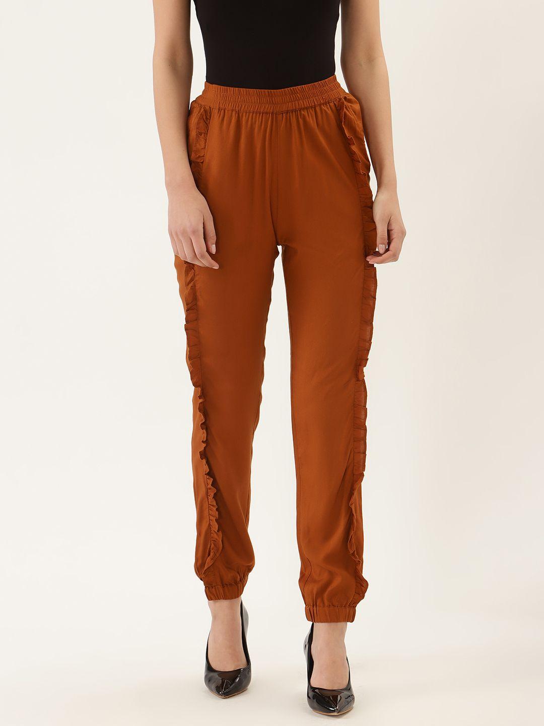 quiero women brown regular fit solid joggers with ruffle detail