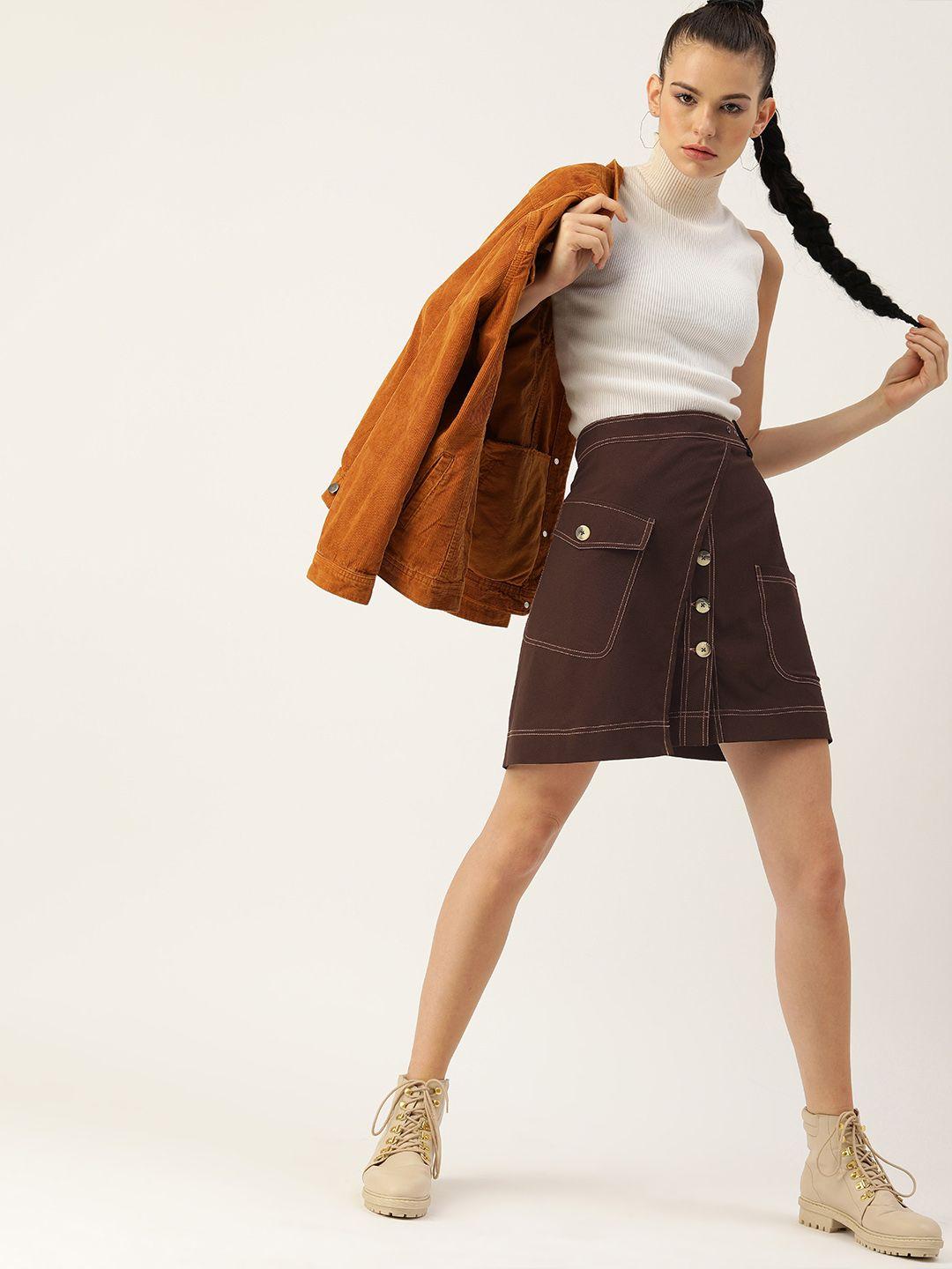 quiero women brown solid mini layered a-line skirt