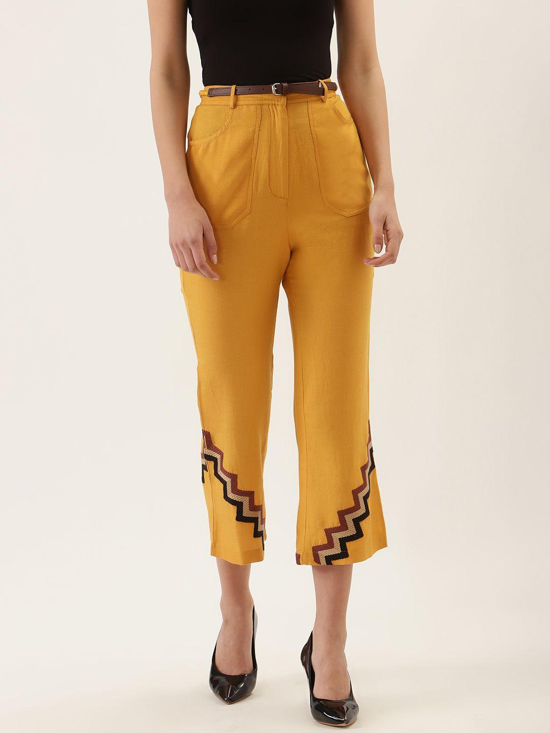 quiero women mustard yellow regular fit solid crop trousers with embroidered detail