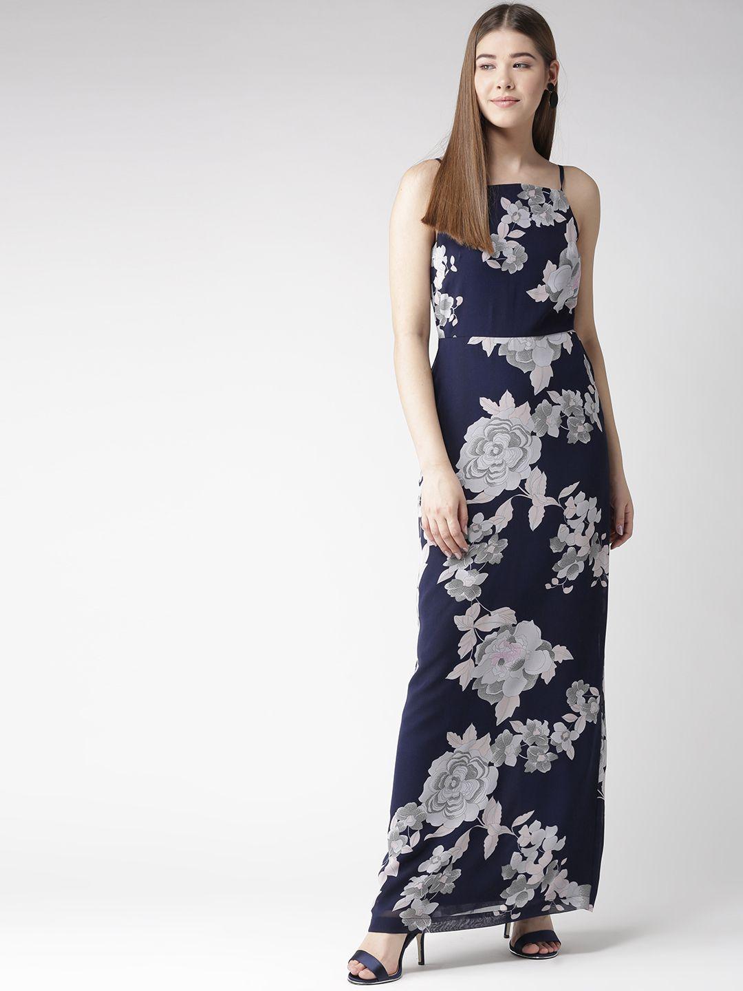 quiero women navy blue & grey floral print maxi dress