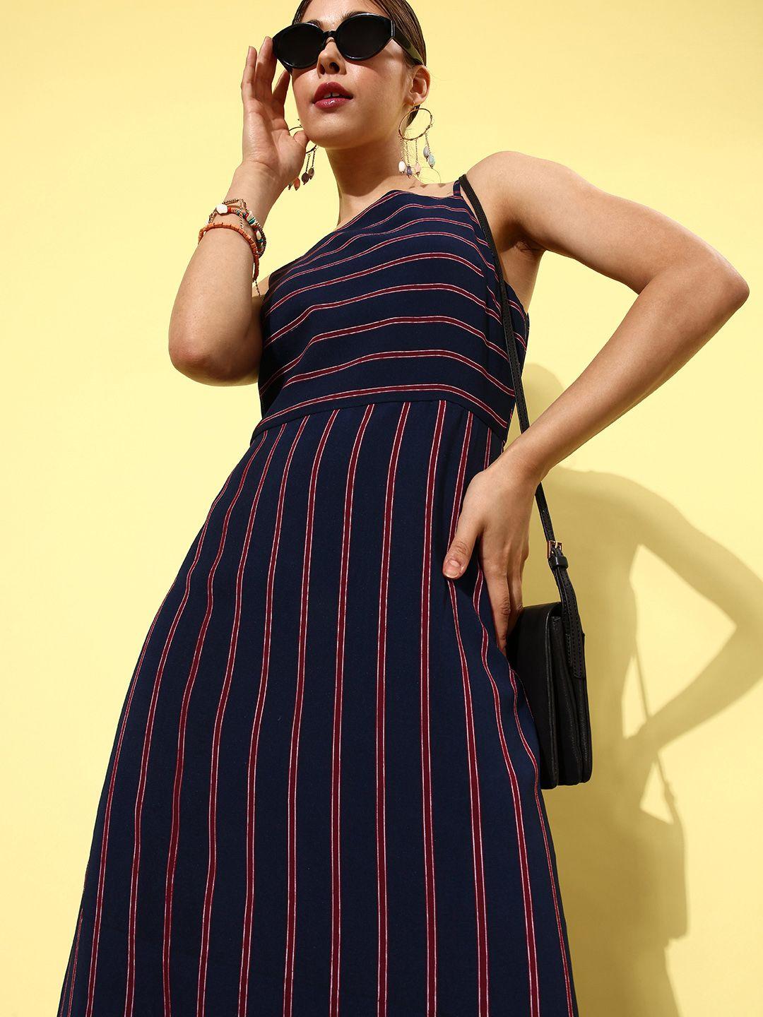 quiero women navy blue & maroon striped maxi dress