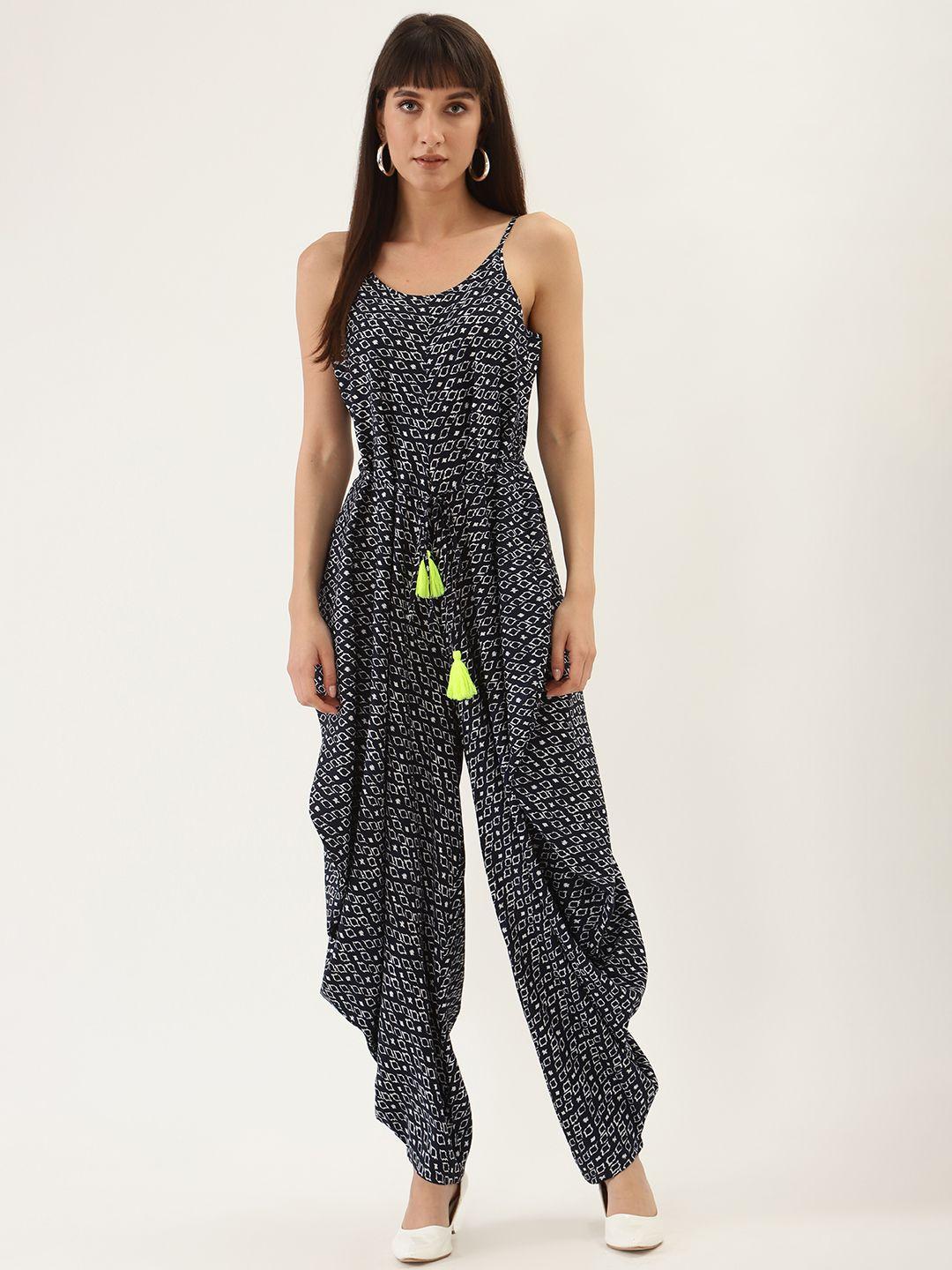 quiero women navy blue & white printed basic jumpsuit