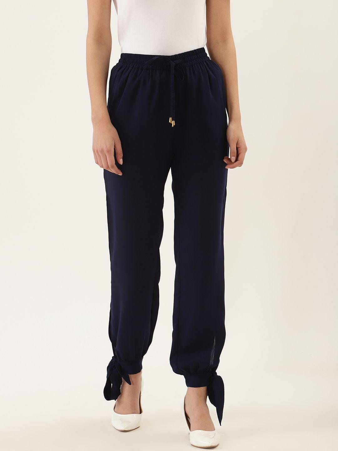 quiero women navy blue regular fit solid joggers with side slits