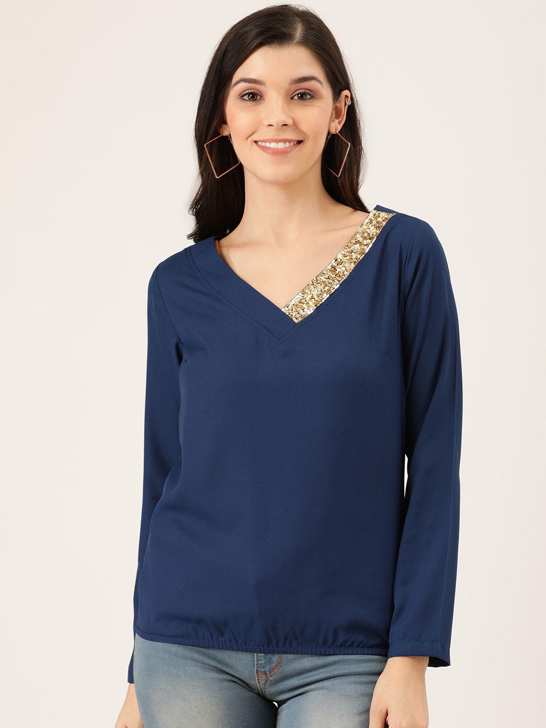 quiero women navy blue solid blouson top