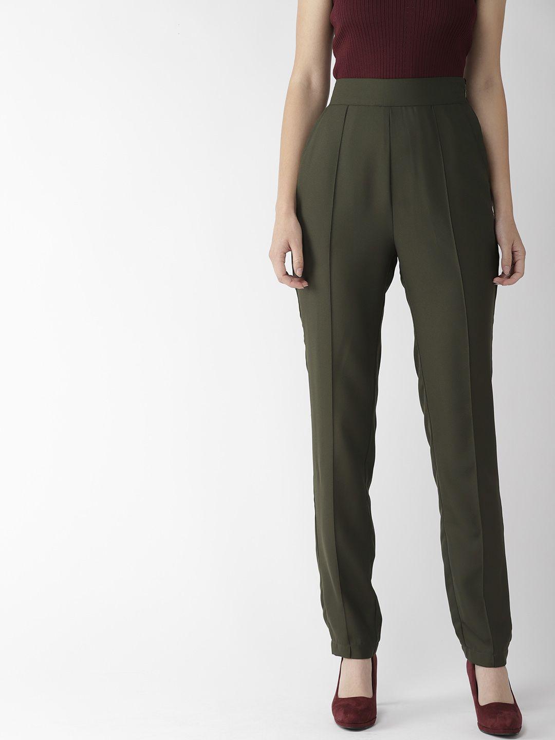 quiero women olive green slim fit solid trousers